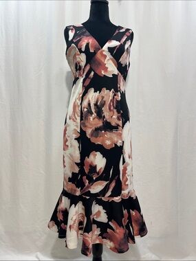 MARINA Black Midi Dress with Blush and Cream Floral Motif party trendy chic 1350